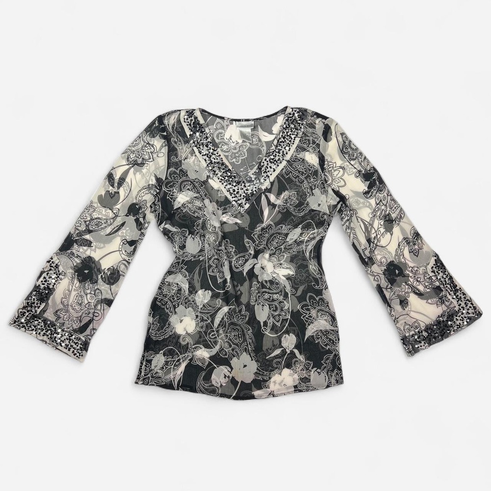 Fashion Bug Silk Black White Floral Sheer Top Sequin NWT Y2K